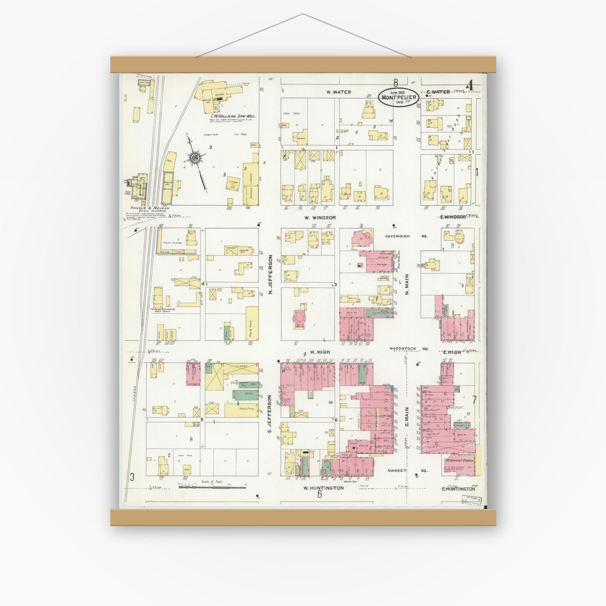 Old map wall art mockup — magnetic wood frame on white wall — Sanborn Fire Insurance Map from Montpelier, Blackford County, Indiana (1910), Sheet #0004