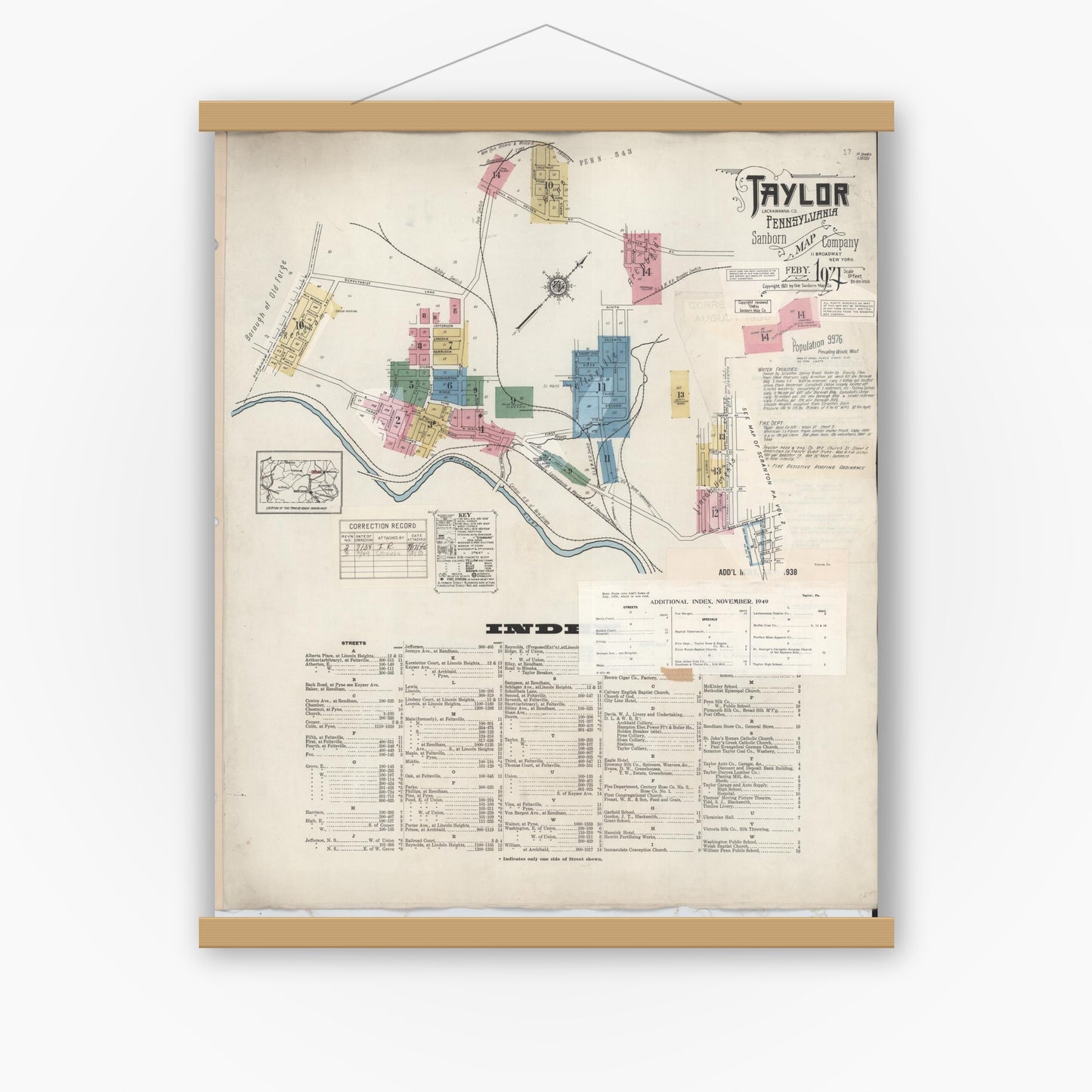 Old map wall art mockup — magnetic wood frame on white wall — Sanborn Fire Insurance Map from Taylor, Lackawanna County, Pennsylvania (1949), Sheet #0001