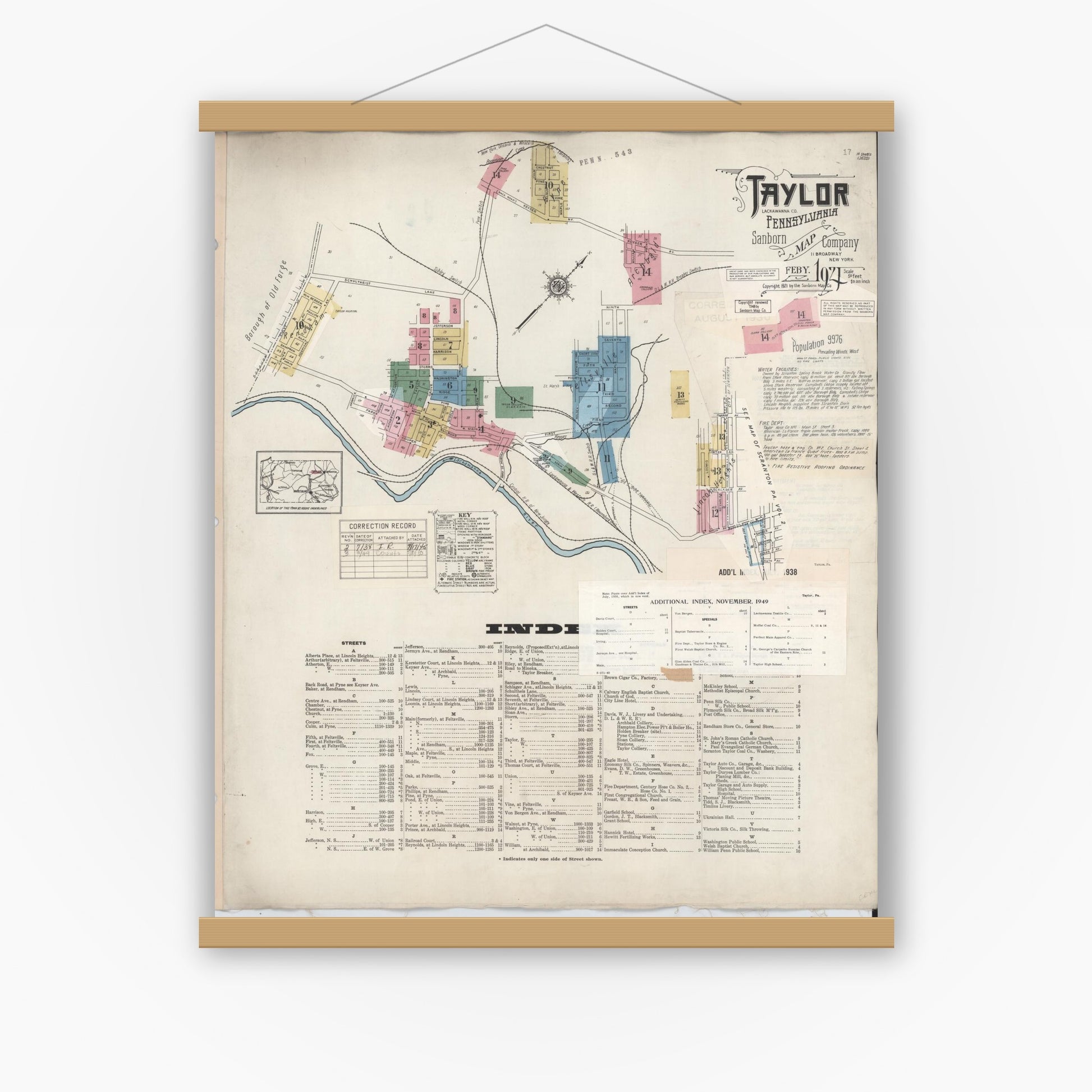 Old map wall art mockup — magnetic wood frame on white wall — Sanborn Fire Insurance Map from Taylor, Lackawanna County, Pennsylvania (1949), Sheet #0001