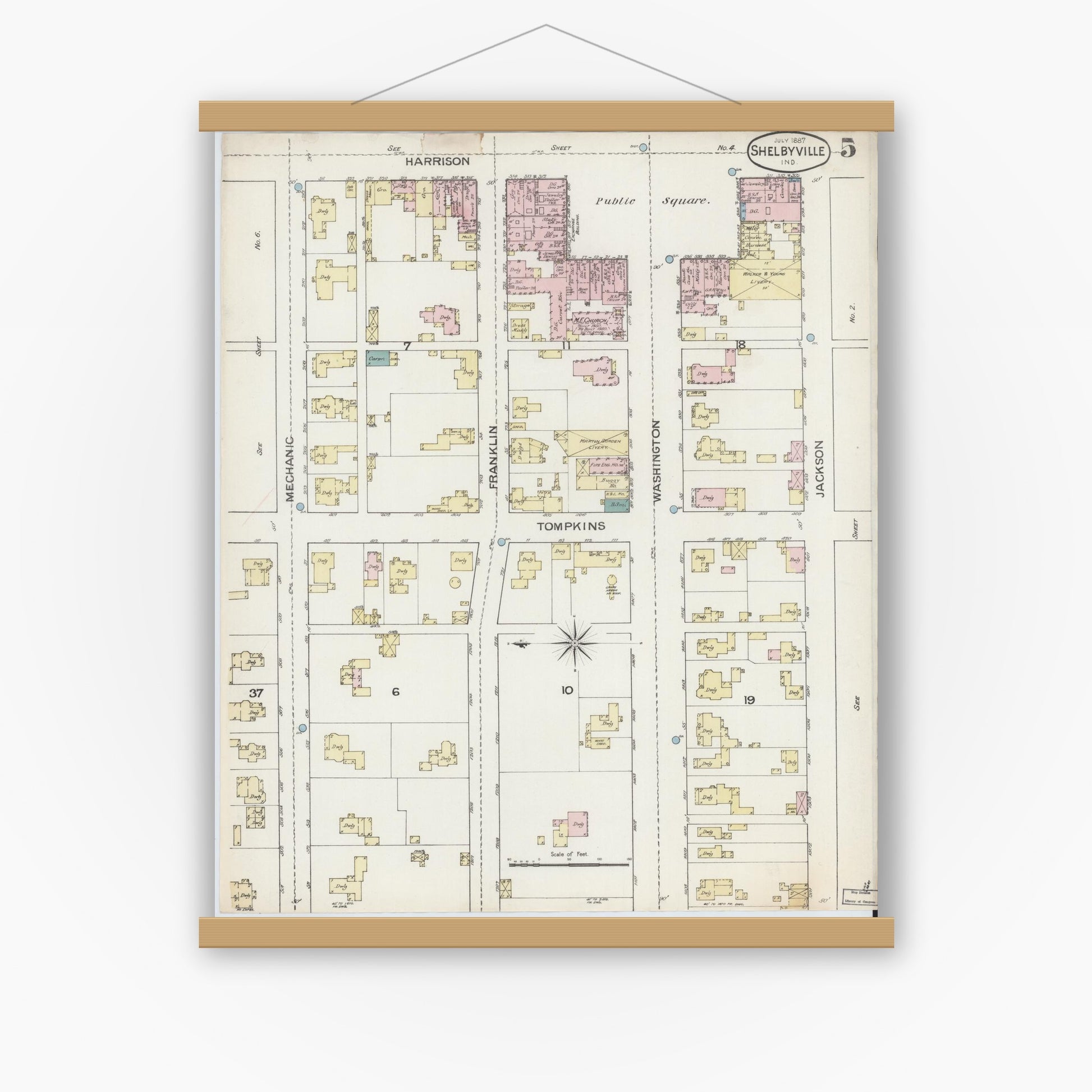Old map wall art mockup — magnetic wood frame on white wall — Sanborn Fire Insurance Map from Shelbyville, Shelby County, Indiana (1887), Sheet #0005