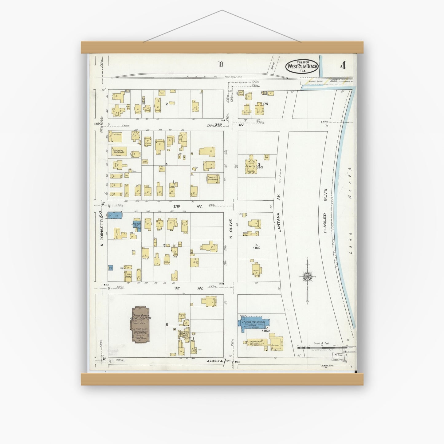 Old map wall art mockup — magnetic wood frame on white wall — Sanborn Fire Insurance Map from West Palm Beach, Dade County, Florida (1920), Sheet #0004