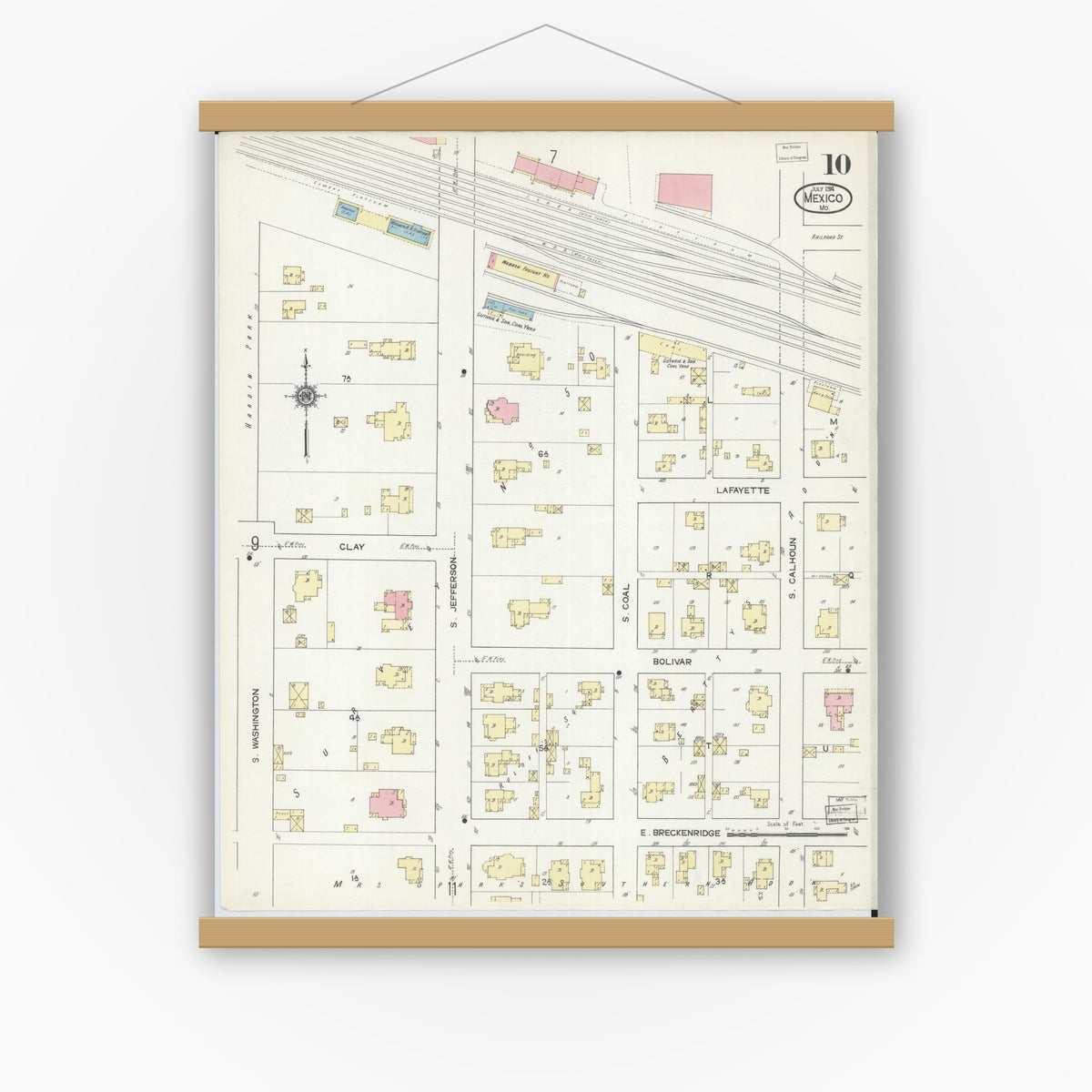 Old map wall art mockup — magnetic wood frame on white wall — Sanborn Fire Insurance Map from Mexico, Audrain County, Missouri (1914), Sheet #0010