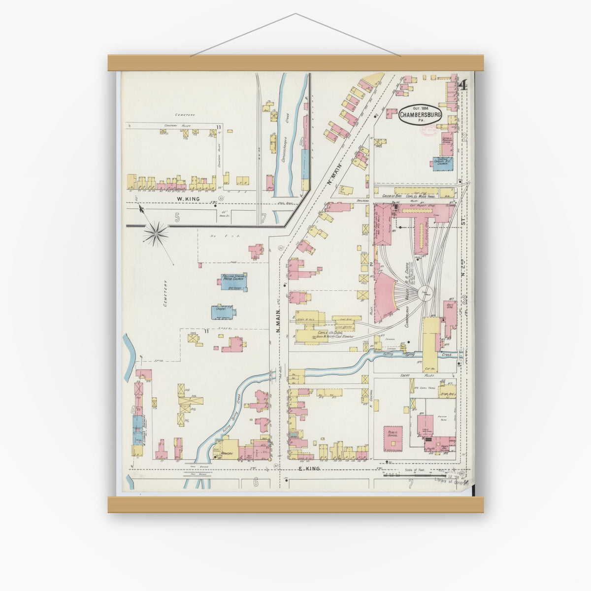 Old map wall art mockup — magnetic wood frame on white wall — Sanborn Fire Insurance Map from Chambersburg, Franklin County, Pennsylvania (1894), Sheet #0004