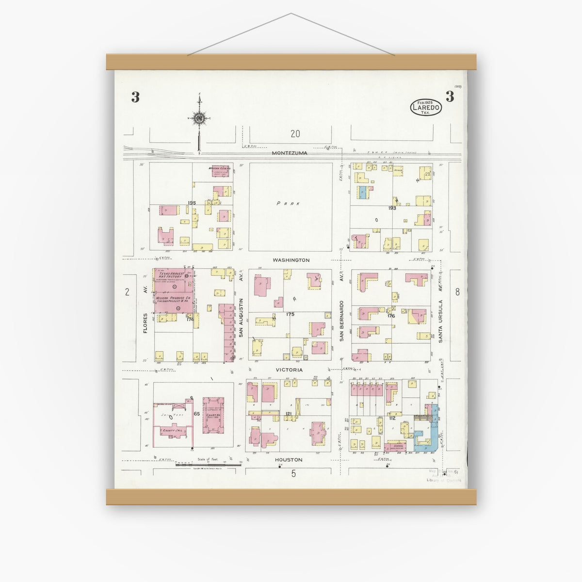 Old map wall art mockup — magnetic wood frame on white wall — Sanborn Fire Insurance Map from Laredo, Webb County, Texas (1925), Sheet #0003