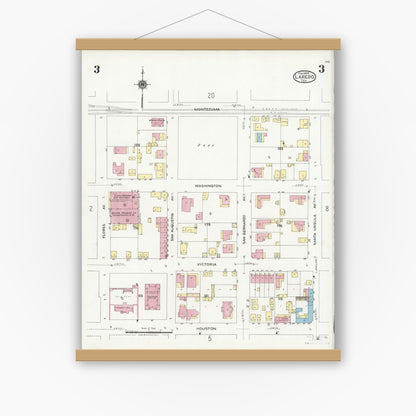 Old map wall art mockup — magnetic wood frame on white wall — Sanborn Fire Insurance Map from Laredo, Webb County, Texas (1925), Sheet #0003