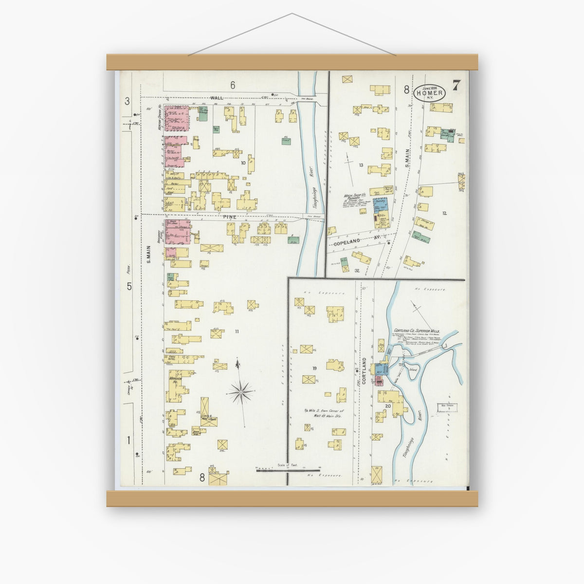 Old map wall art mockup — magnetic wood frame on white wall — Sanborn Fire Insurance Map from Homer, Cortland County, New York (1898), Sheet #0007