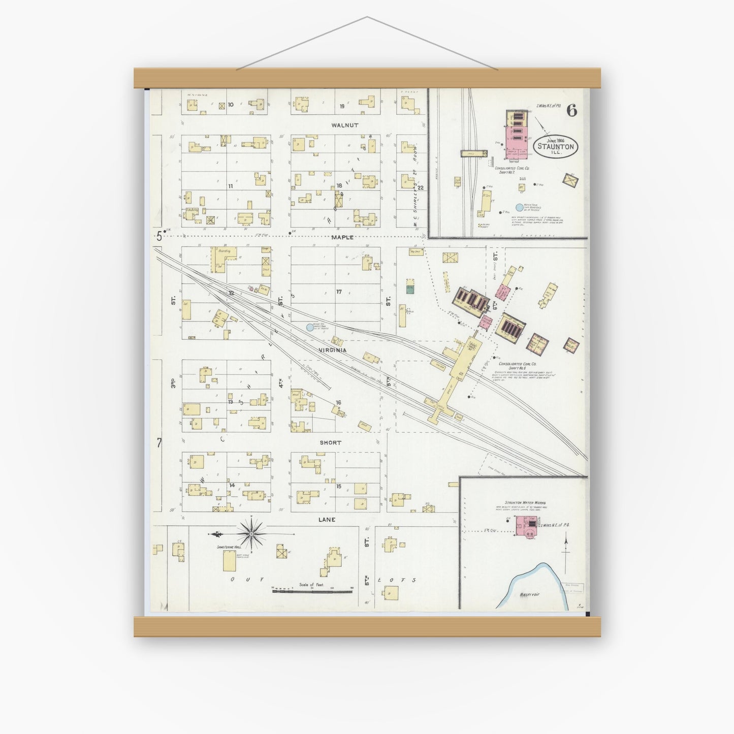Old map wall art mockup — magnetic wood frame on white wall — Sanborn Fire Insurance Map from Staunton, Macoupin County, Illinois (1906), Sheet #0006