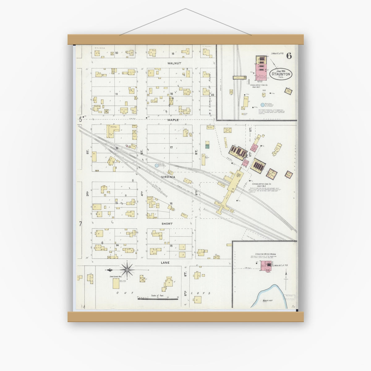 Old map wall art mockup — magnetic wood frame on white wall — Sanborn Fire Insurance Map from Staunton, Macoupin County, Illinois (1906), Sheet #0006
