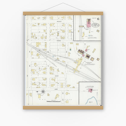 Old map wall art mockup — magnetic wood frame on white wall — Sanborn Fire Insurance Map from Staunton, Macoupin County, Illinois (1906), Sheet #0006