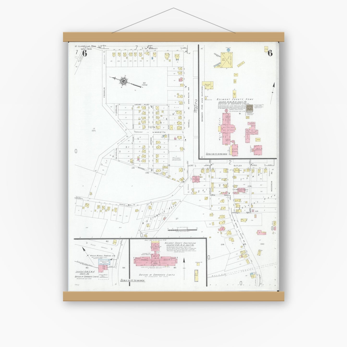 Old map wall art mockup — magnetic wood frame on white wall — Sanborn Fire Insurance Map from Saint Clairsville, Belmont County, Ohio (1946), Sheet #0006