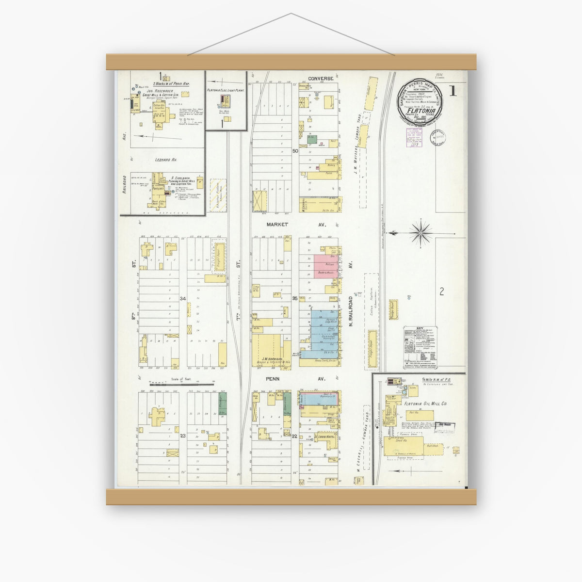 Old map wall art mockup — magnetic wood frame on white wall — Sanborn Fire Insurance Map from Flatonia, Fayette County, Texas (1901) - Complete Map Set