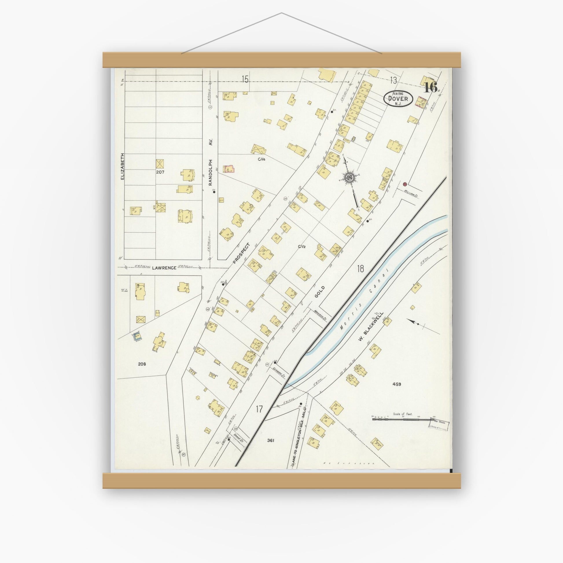 Old map wall art mockup — magnetic wood frame on white wall — Sanborn Fire Insurance Map from Dover, Morris County, New Jersey (1916), Sheet #0016