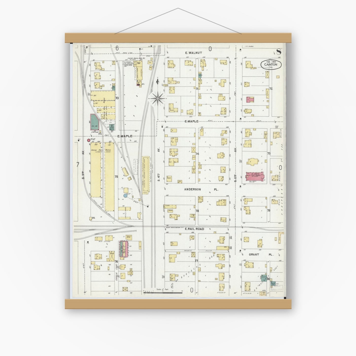 Old map wall art mockup — magnetic wood frame on white wall — Sanborn Fire Insurance Map from Canton, Fulton County, Illinois (1902), Sheet #0008