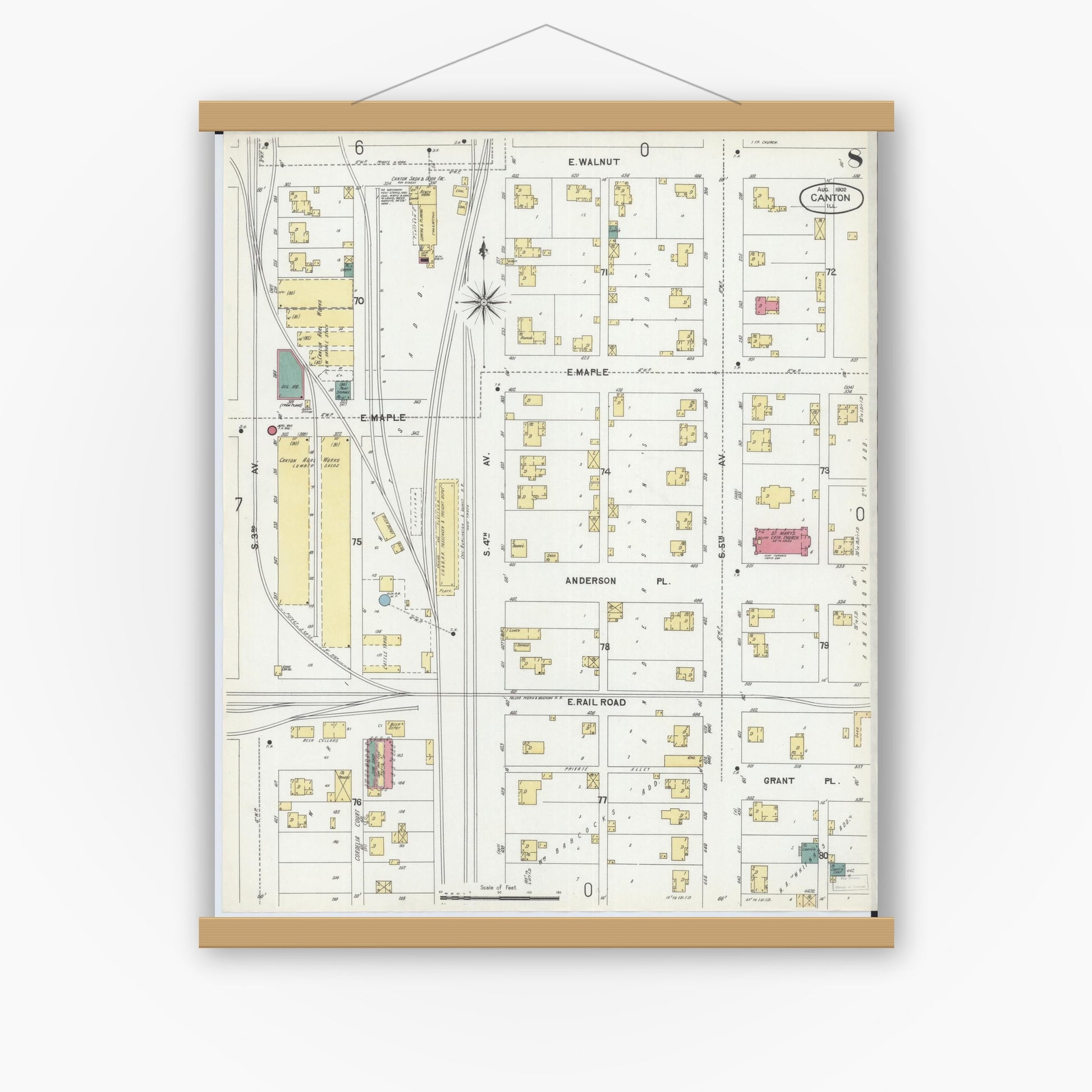 Old map wall art mockup — magnetic wood frame on white wall — Sanborn Fire Insurance Map from Canton, Fulton County, Illinois (1902), Sheet #0008
