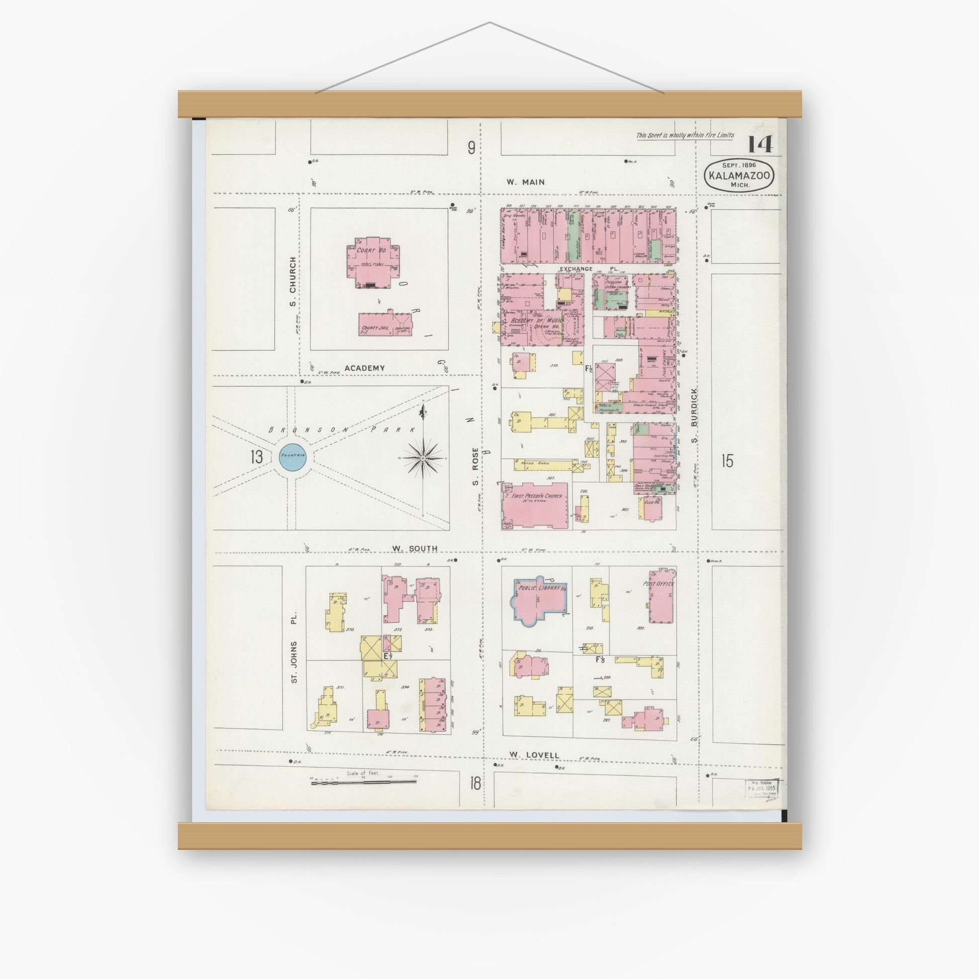 Old map wall art mockup — magnetic wood frame on white wall — Sanborn Fire Insurance Map from Kalamazoo, Kalamazoo County, Michigan (1896), Sheet #0014