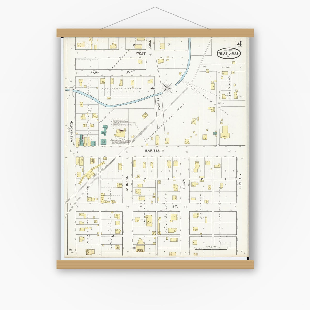 Old map wall art mockup — magnetic wood frame on white wall — Sanborn Fire Insurance Map from What Cheer, Keokuk County, Iowa (1893), Sheet #0004