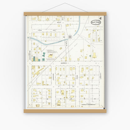 Old map wall art mockup — magnetic wood frame on white wall — Sanborn Fire Insurance Map from What Cheer, Keokuk County, Iowa (1893), Sheet #0004