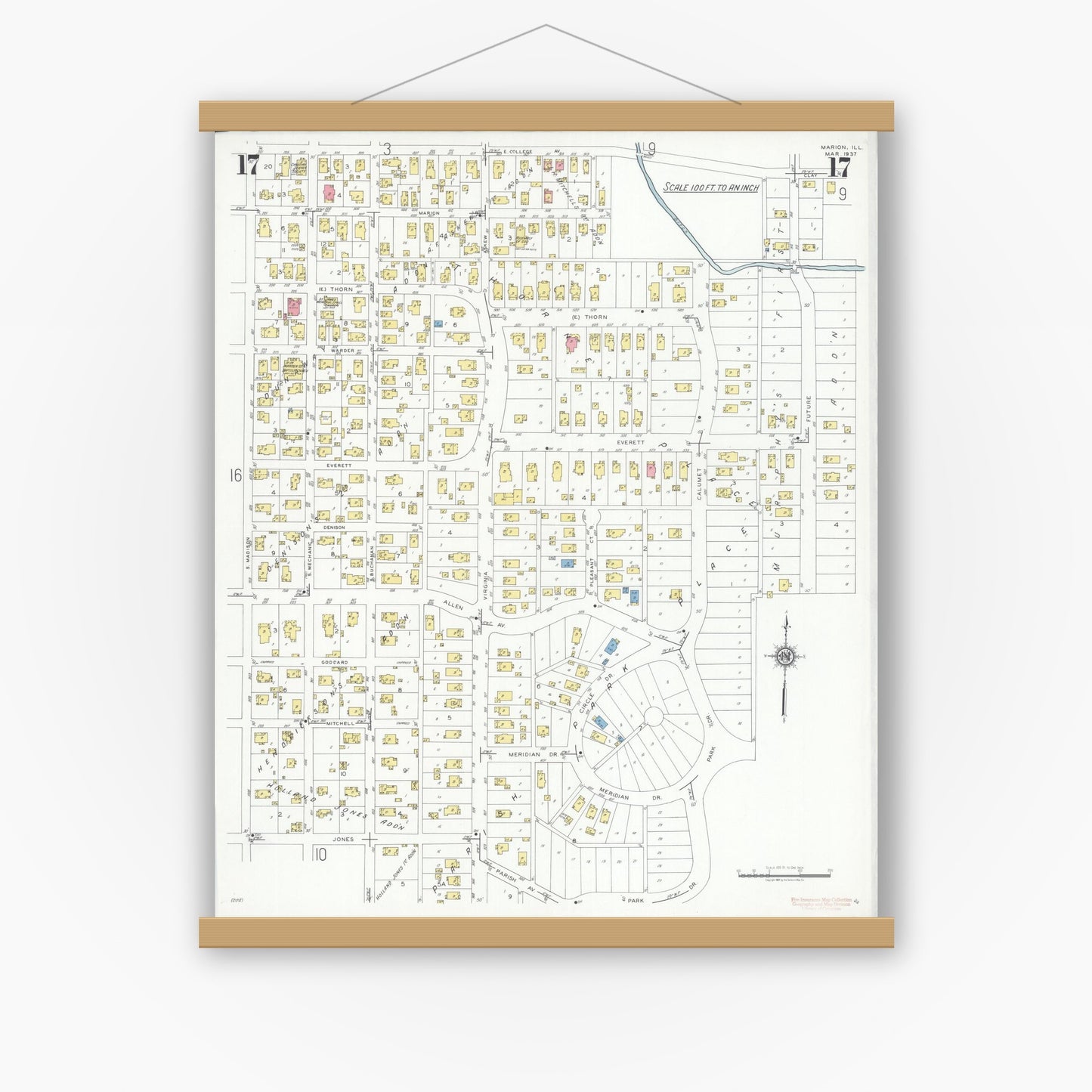 Old map wall art mockup — magnetic wood frame on white wall — Sanborn Fire Insurance Map from Marion, Williamson County, Illinois (1937), Sheet #0017