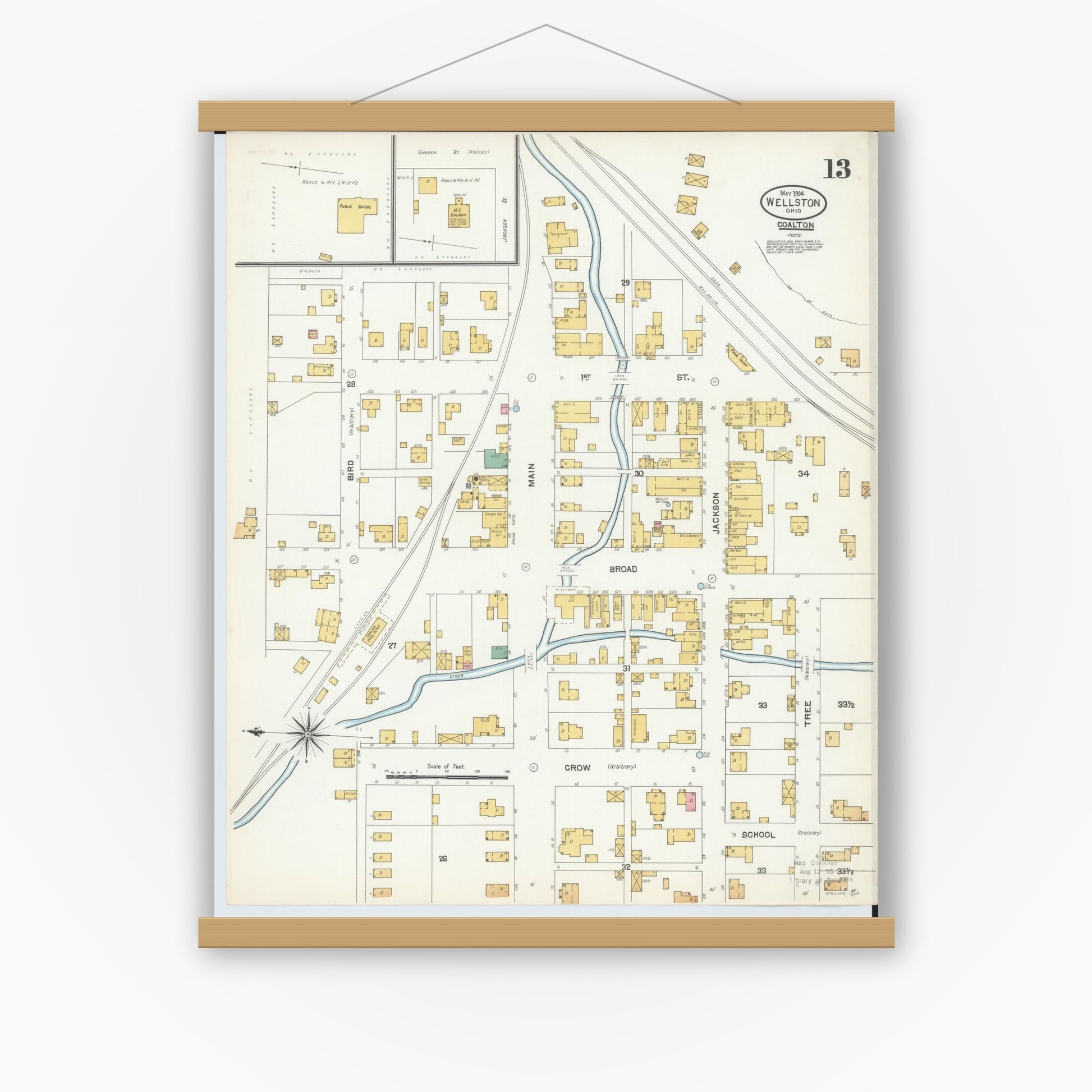 Old map wall art mockup — magnetic wood frame on white wall — Sanborn Fire Insurance Map from Wellston, Jackson County, Ohio (1904), Sheet #0013