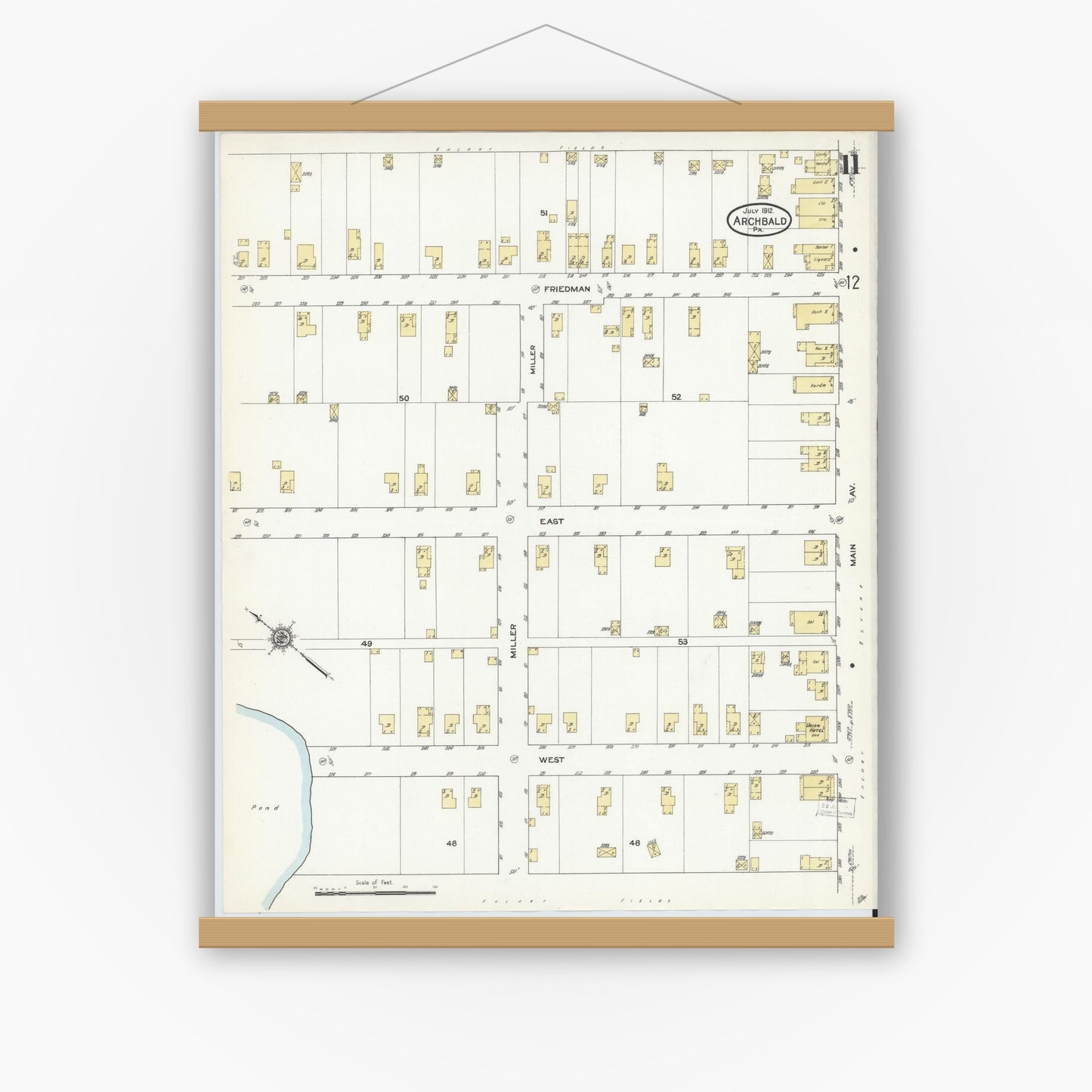 Old map wall art mockup — magnetic wood frame on white wall — Sanborn Fire Insurance Map from Archbald, Lackawanna County, Pennsylvania (1912), Sheet #0011