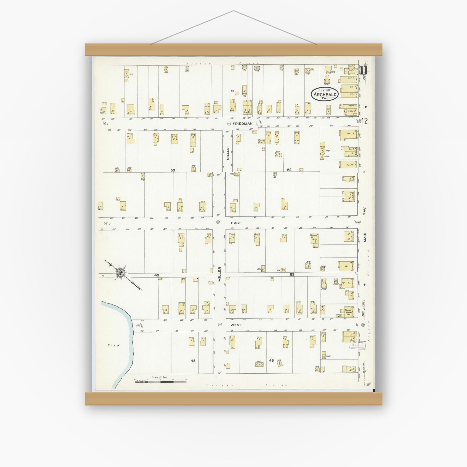 Old map wall art mockup — magnetic wood frame on white wall — Sanborn Fire Insurance Map from Archbald, Lackawanna County, Pennsylvania (1912), Sheet #0011
