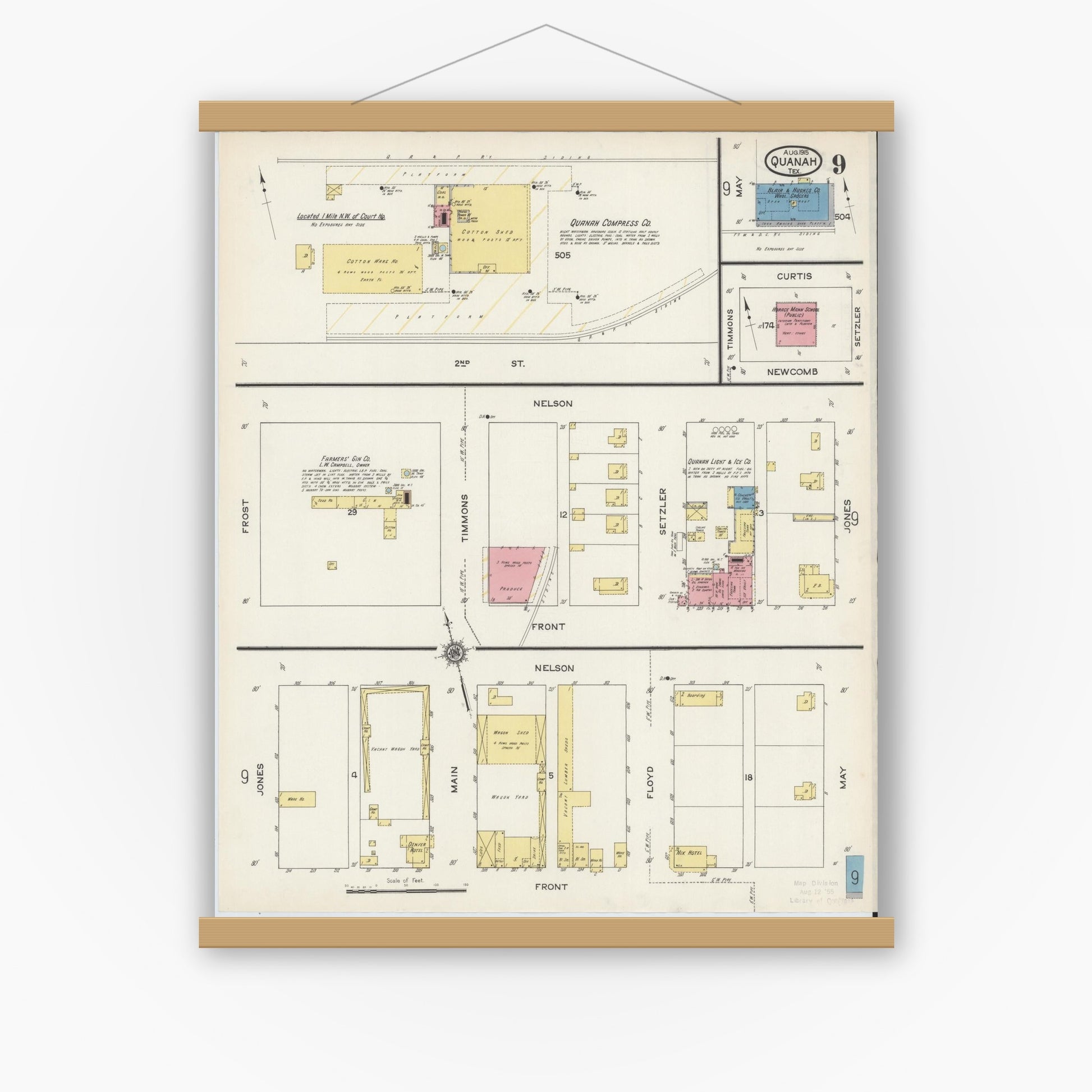 Old map wall art mockup — magnetic wood frame on white wall — Sanborn Fire Insurance Map from Quanah, Hardeman County, Texas (1915), Sheet #0009