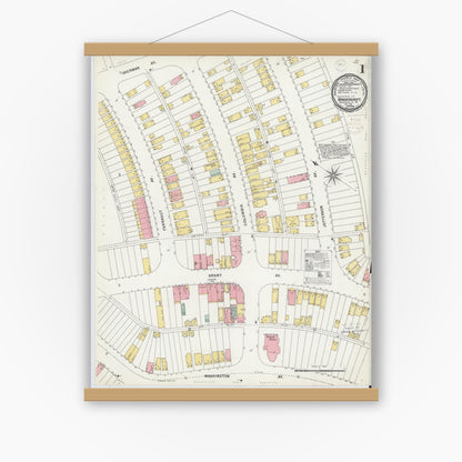 Old map wall art mockup — magnetic wood frame on white wall — Sanborn Fire Insurance Map from Vandergrift, Westmoreland County, Pennsylvania (1899), Sheet #0001
