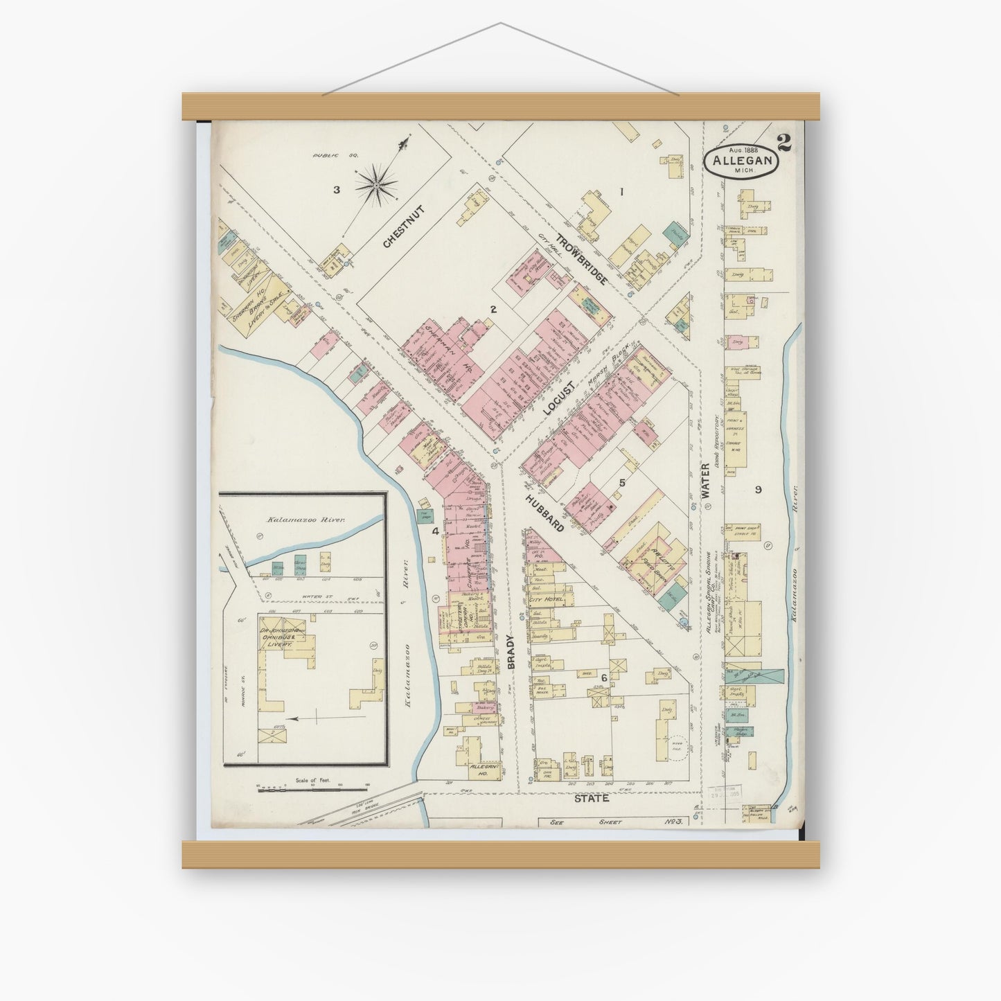Old map wall art mockup — magnetic wood frame on white wall — Sanborn Fire Insurance Map from Allegan, Allegan County, Michigan (1888), Sheet #0002