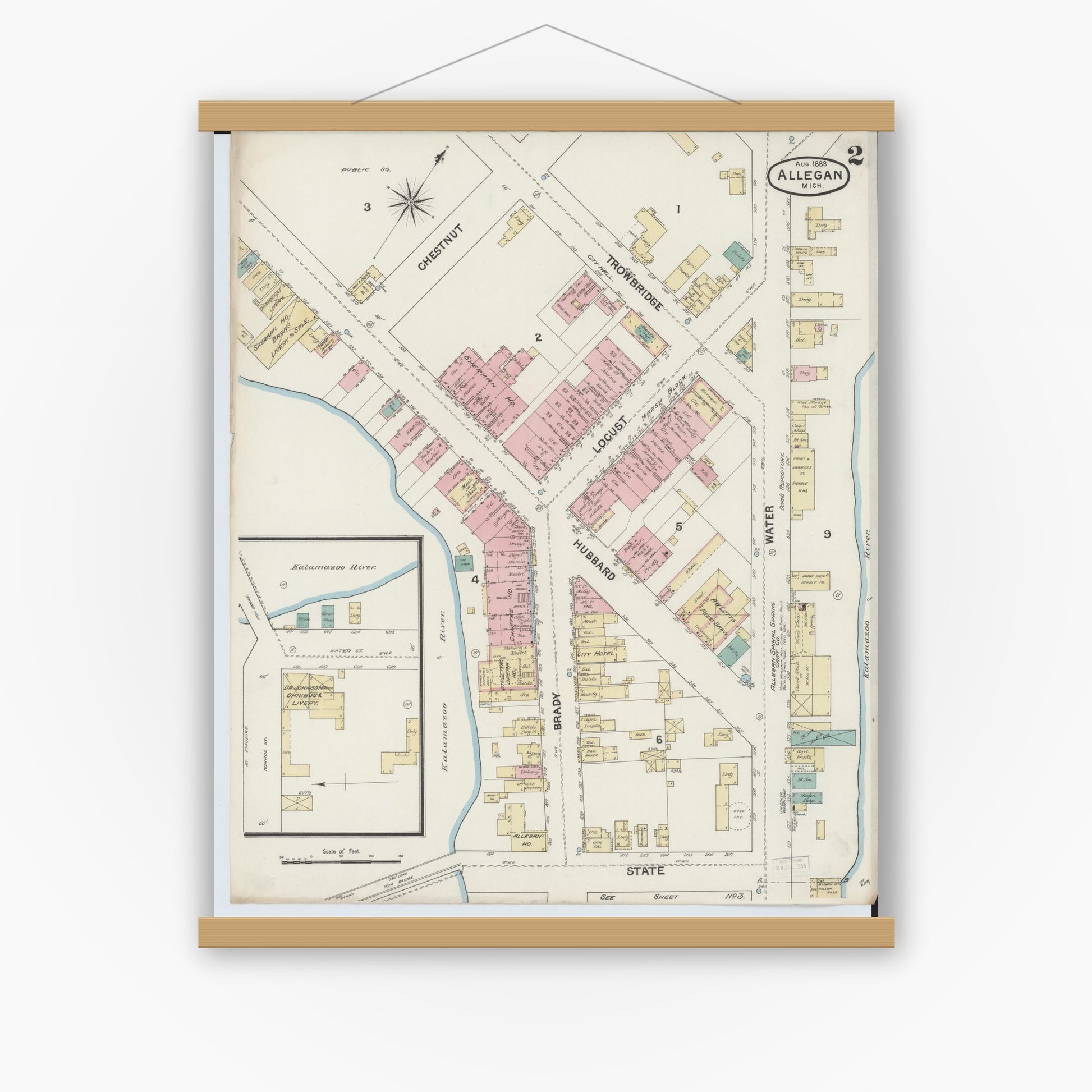 Old map wall art mockup — magnetic wood frame on white wall — Sanborn Fire Insurance Map from Allegan, Allegan County, Michigan (1888), Sheet #0002