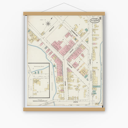 Old map wall art mockup — magnetic wood frame on white wall — Sanborn Fire Insurance Map from Allegan, Allegan County, Michigan (1888), Sheet #0002