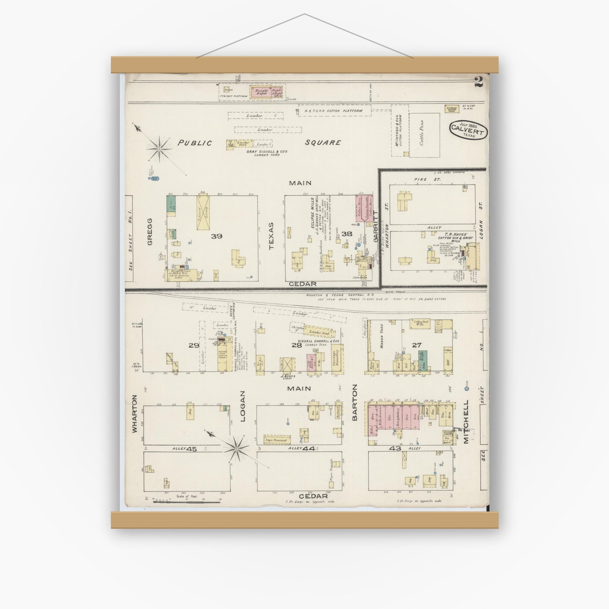 Old map wall art mockup — magnetic wood frame on white wall — Sanborn Fire Insurance Map from Calvert, Robertson County, Texas (1885), Sheet #0002