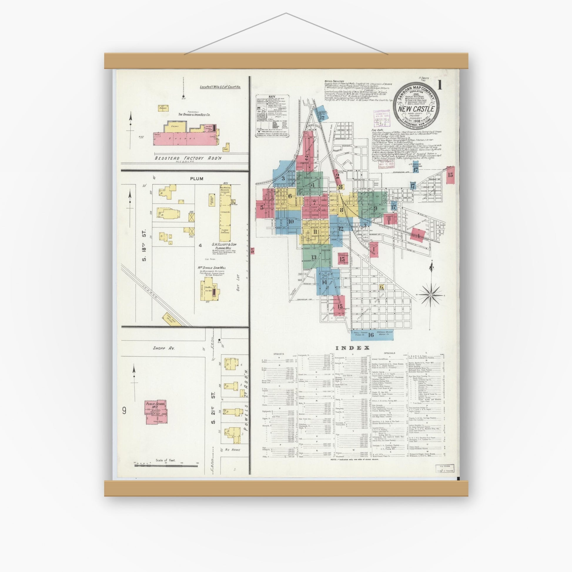 Old map wall art mockup — magnetic wood frame on white wall — Sanborn Fire Insurance Map from New Castle, Henry County, Indiana (1908), Sheet #0001