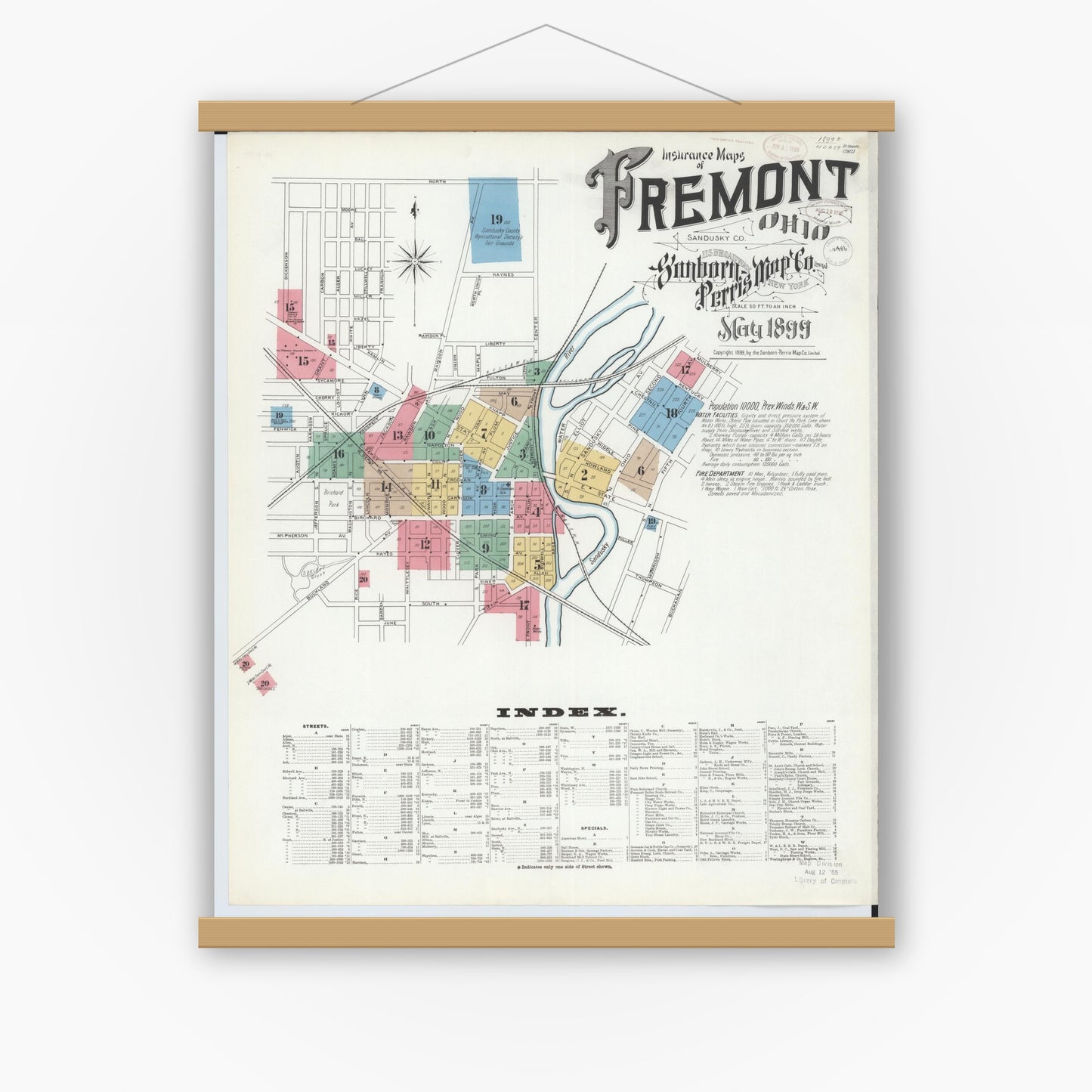 Old map wall art mockup — magnetic wood frame on white wall — Sanborn Fire Insurance Map from Fremont, Sandusky County, Ohio (1899), Sheet #0001