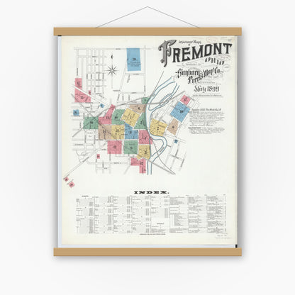 Old map wall art mockup — magnetic wood frame on white wall — Sanborn Fire Insurance Map from Fremont, Sandusky County, Ohio (1899), Sheet #0001