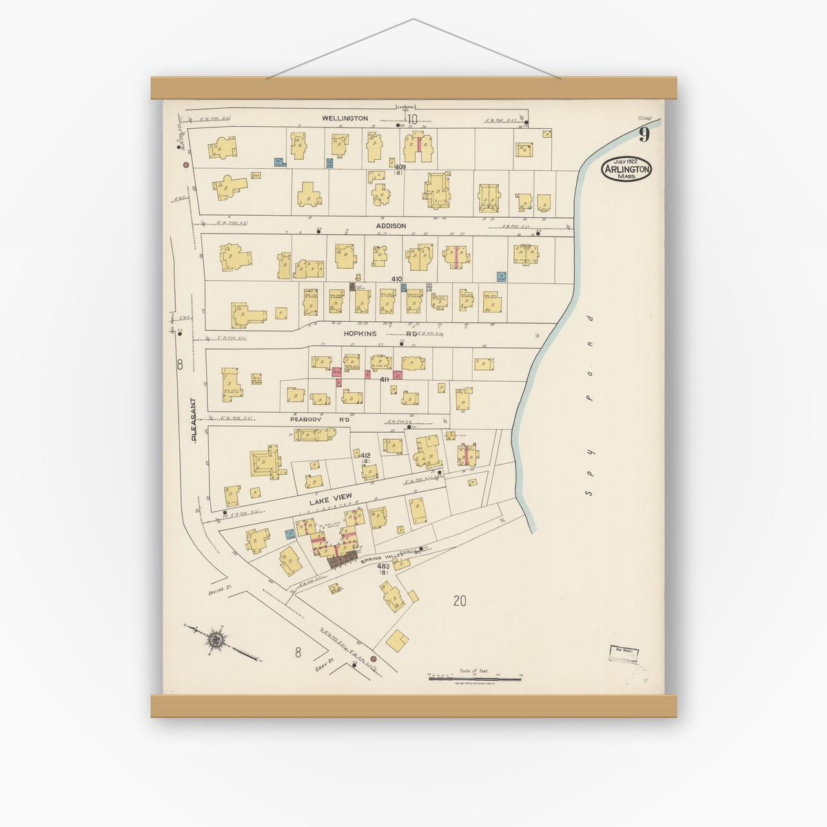 Old map wall art mockup — magnetic wood frame on white wall — Sanborn Fire Insurance Map from Arlington, Middlesex County, Massachusetts (1922), Sheet #0009