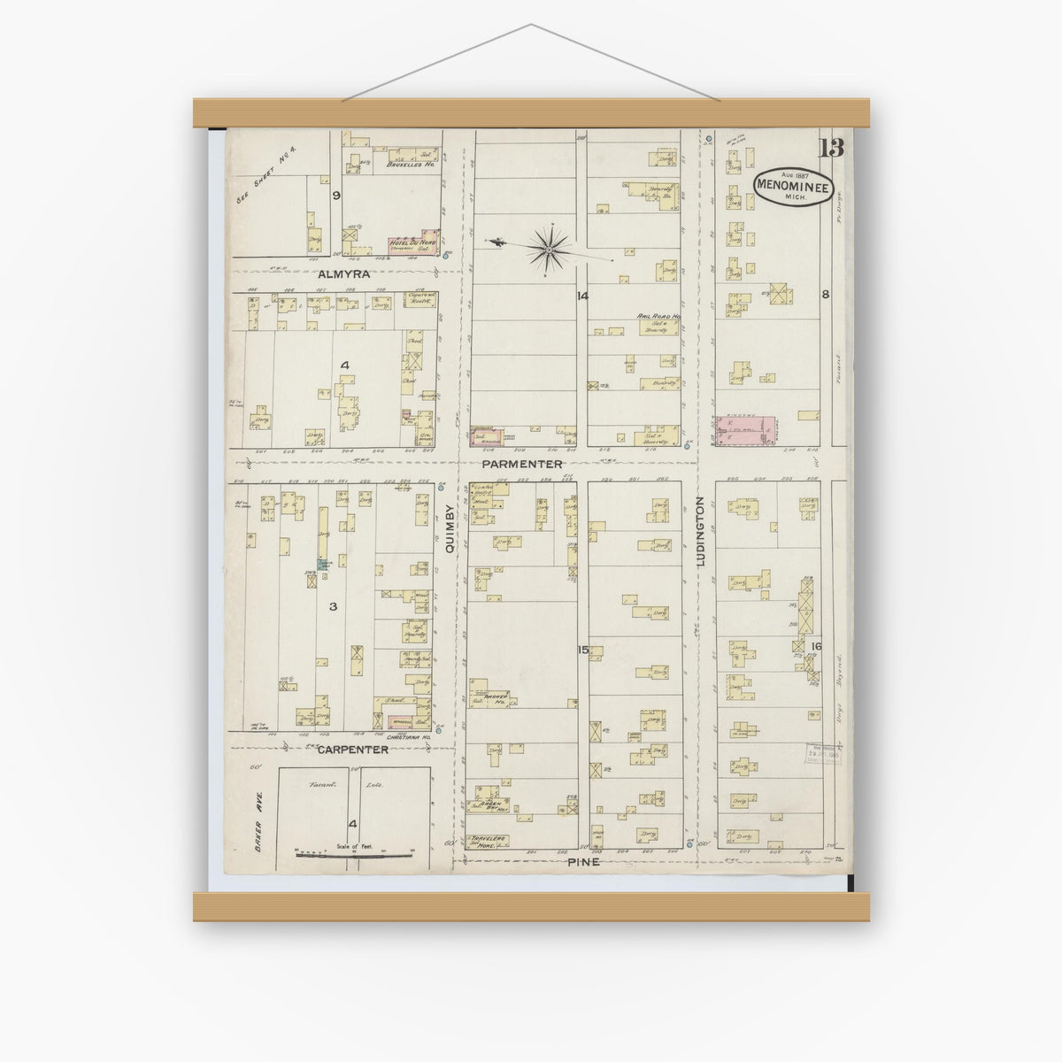 Old map wall art mockup — magnetic wood frame on white wall — Sanborn Fire Insurance Map from Menominee, Menominee County, Michigan (1887), Sheet #0013
