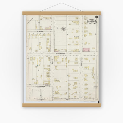 Old map wall art mockup — magnetic wood frame on white wall — Sanborn Fire Insurance Map from Menominee, Menominee County, Michigan (1887), Sheet #0013