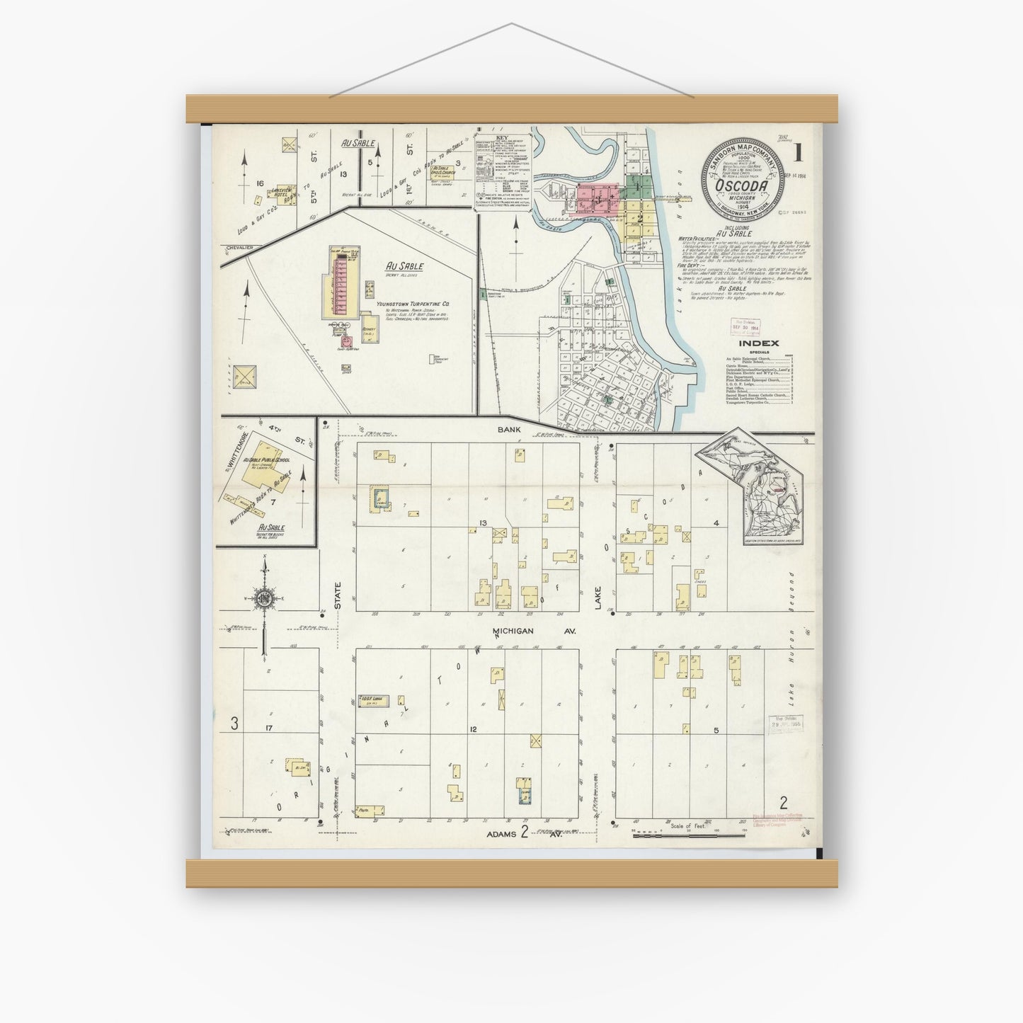 Old map wall art mockup — magnetic wood frame on white wall — Sanborn Fire Insurance Map from Oscoda, Iosco County, Michigan (1914) - Complete Map Set
