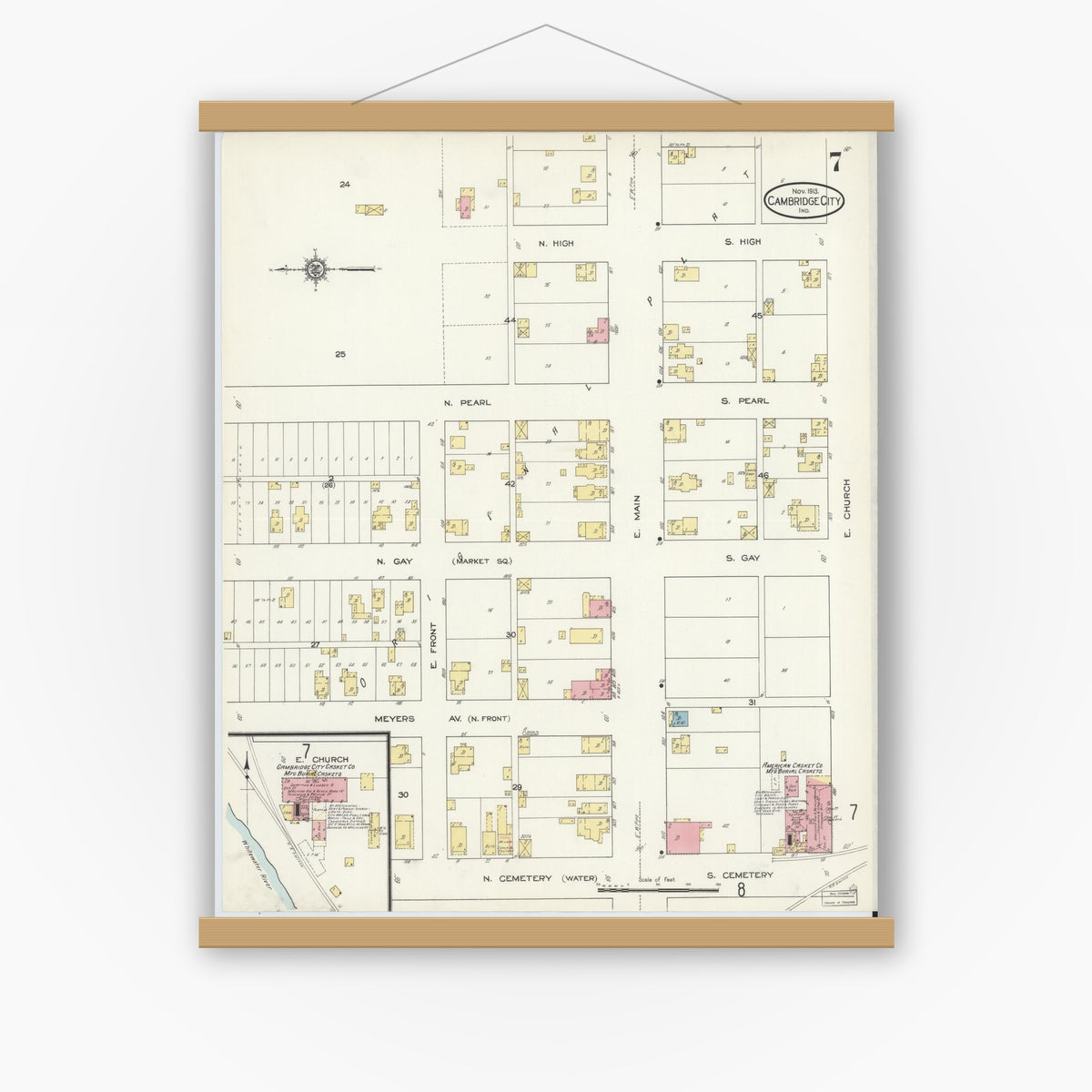 Old map wall art mockup — magnetic wood frame on white wall — Sanborn Fire Insurance Map from Cambridge City, Wayne County, Indiana (1913), Sheet #0007
