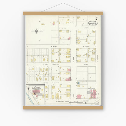 Old map wall art mockup — magnetic wood frame on white wall — Sanborn Fire Insurance Map from Cambridge City, Wayne County, Indiana (1913), Sheet #0007