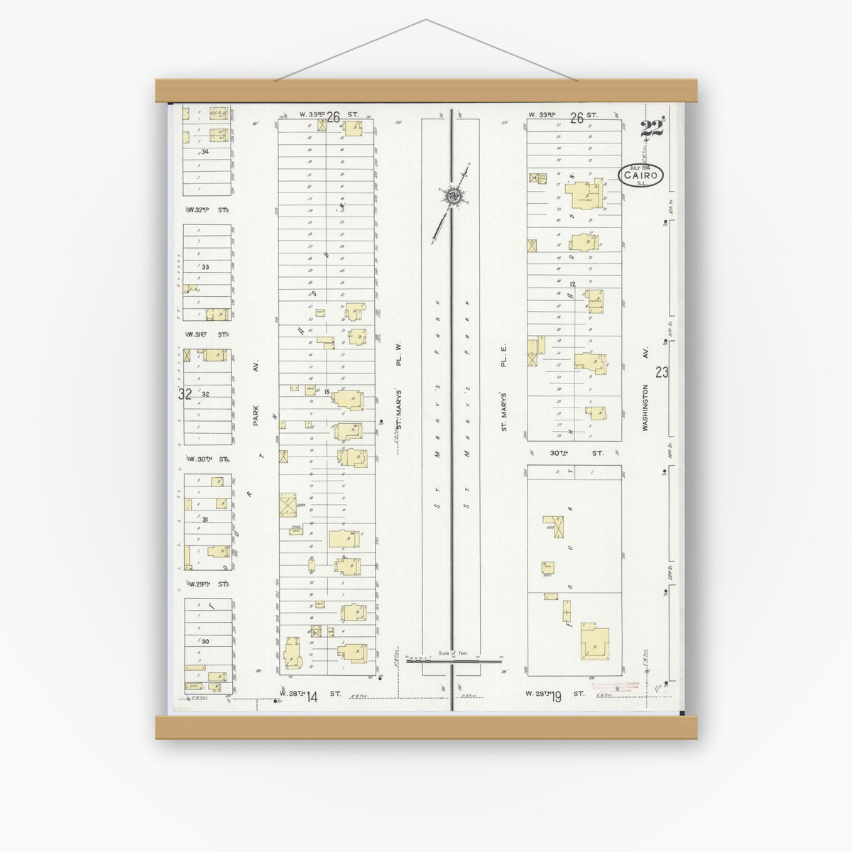 Old map wall art mockup — magnetic wood frame on white wall — Sanborn Fire Insurance Map from Cairo, Alexander County, Illinois (1914), Sheet #0022