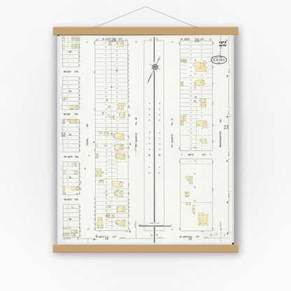 Old map wall art mockup — magnetic wood frame on white wall — Sanborn Fire Insurance Map from Cairo, Alexander County, Illinois (1914), Sheet #0022