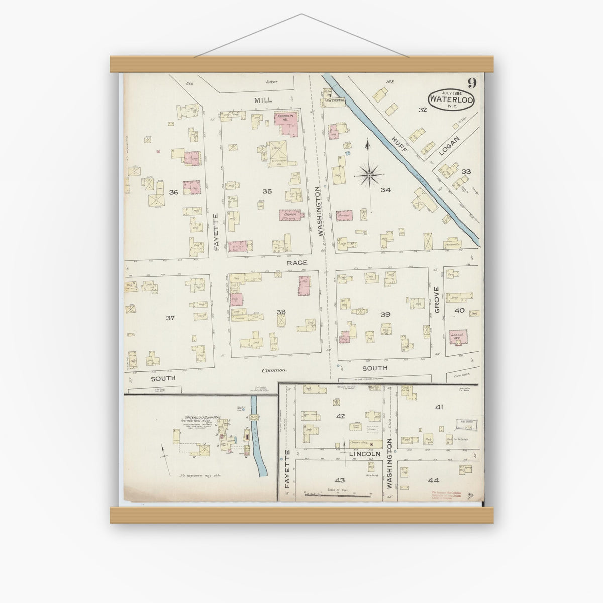 Old map wall art mockup — magnetic wood frame on white wall — Sanborn Fire Insurance Map from Waterloo, Seneca County, New York (1886), Sheet #0009