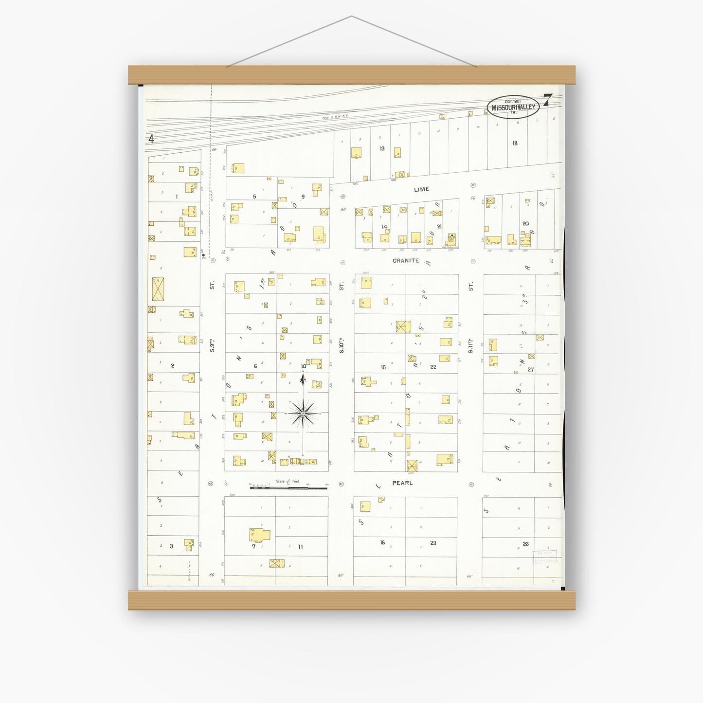 Old map wall art mockup — magnetic wood frame on white wall — Sanborn Fire Insurance Map from Missouri Valley, Harrison County, Iowa (1901), Sheet #0007