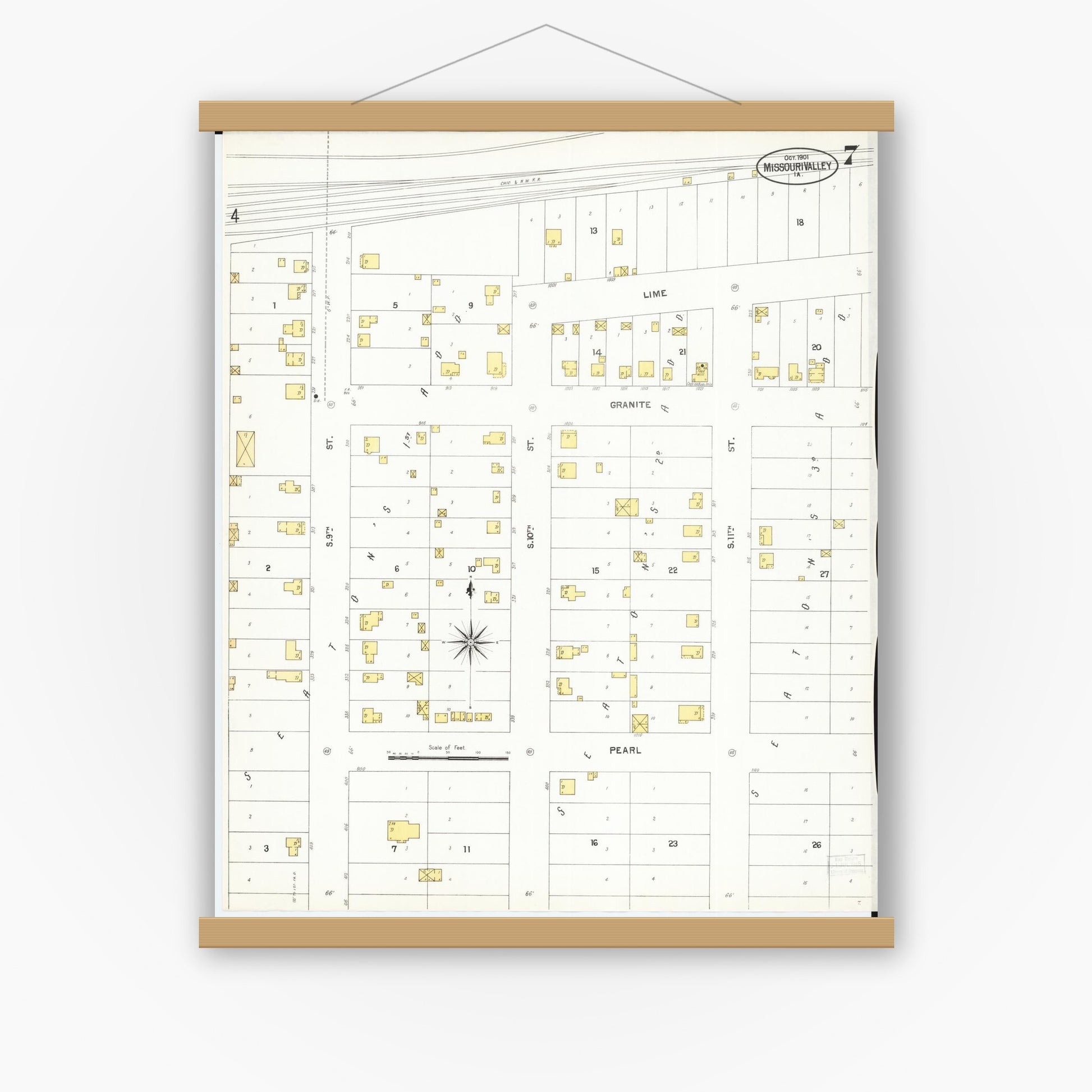 Old map wall art mockup — magnetic wood frame on white wall — Sanborn Fire Insurance Map from Missouri Valley, Harrison County, Iowa (1901), Sheet #0007