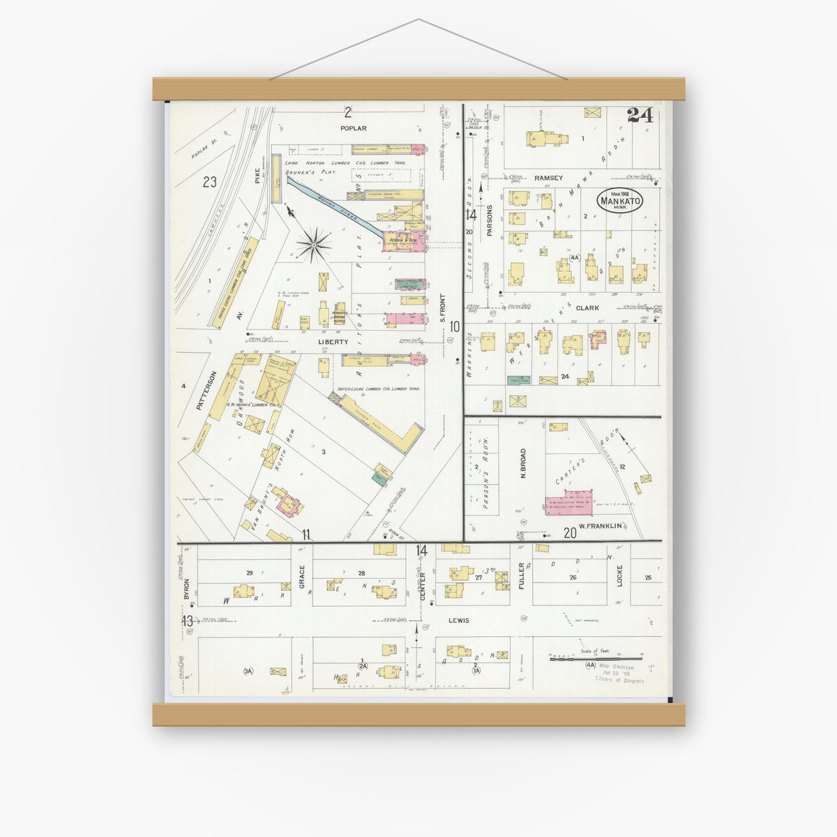 Old map wall art mockup — magnetic wood frame on white wall — Sanborn Fire Insurance Map from Mankato, Blue Earth County, Minnesota (1908), Sheet #0024