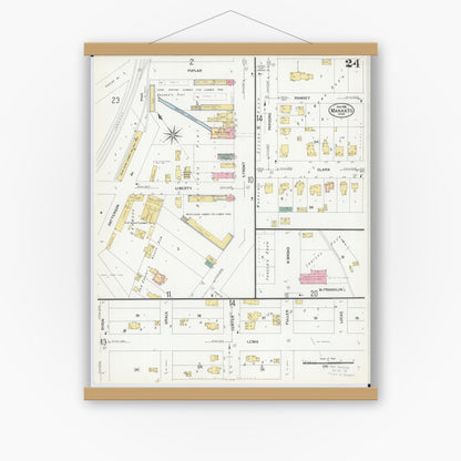 Old map wall art mockup — magnetic wood frame on white wall — Sanborn Fire Insurance Map from Mankato, Blue Earth County, Minnesota (1908), Sheet #0024