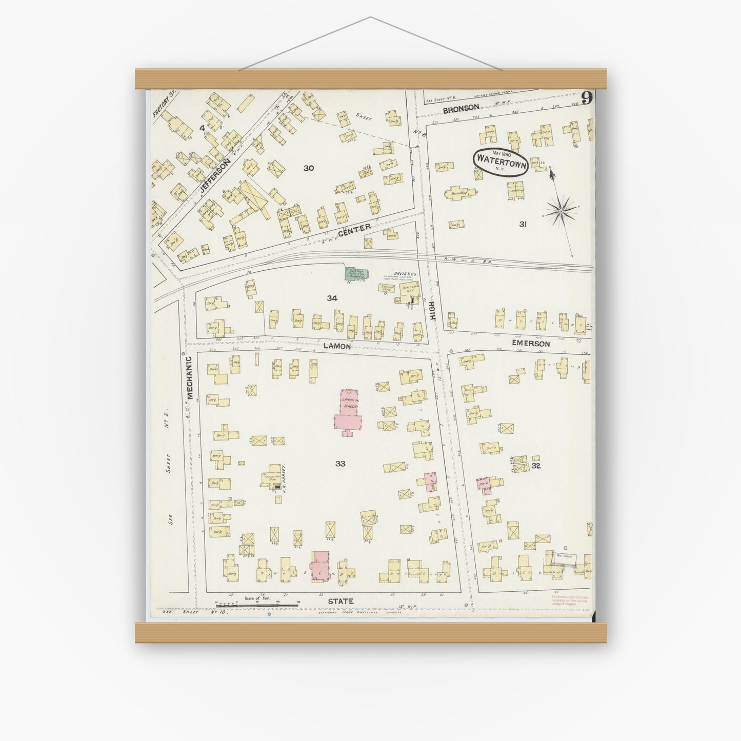 Old map wall art mockup — magnetic wood frame on white wall — Sanborn Fire Insurance Map from Watertown, Jefferson County, New York (1890), Sheet #0009