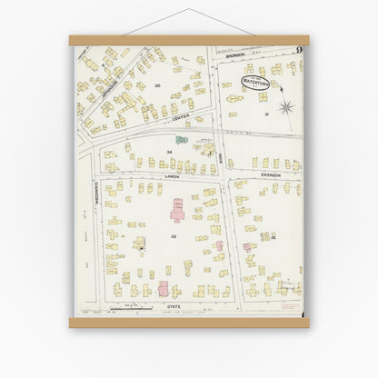 Old map wall art mockup — magnetic wood frame on white wall — Sanborn Fire Insurance Map from Watertown, Jefferson County, New York (1890), Sheet #0009