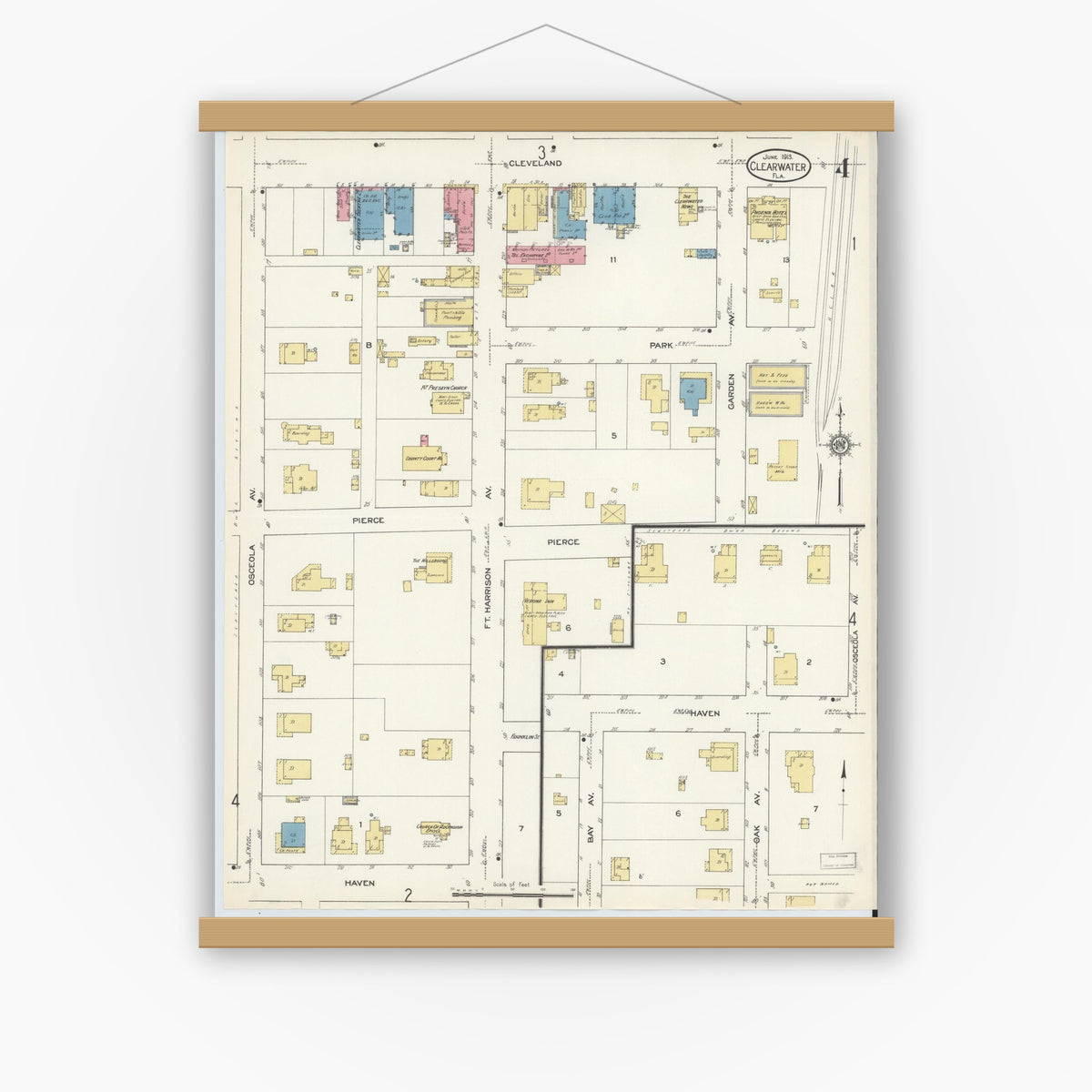 Old map wall art mockup — magnetic wood frame on white wall — Sanborn Fire Insurance Map from Clearwater, Pinellas County, Florida (1913), Sheet #0004